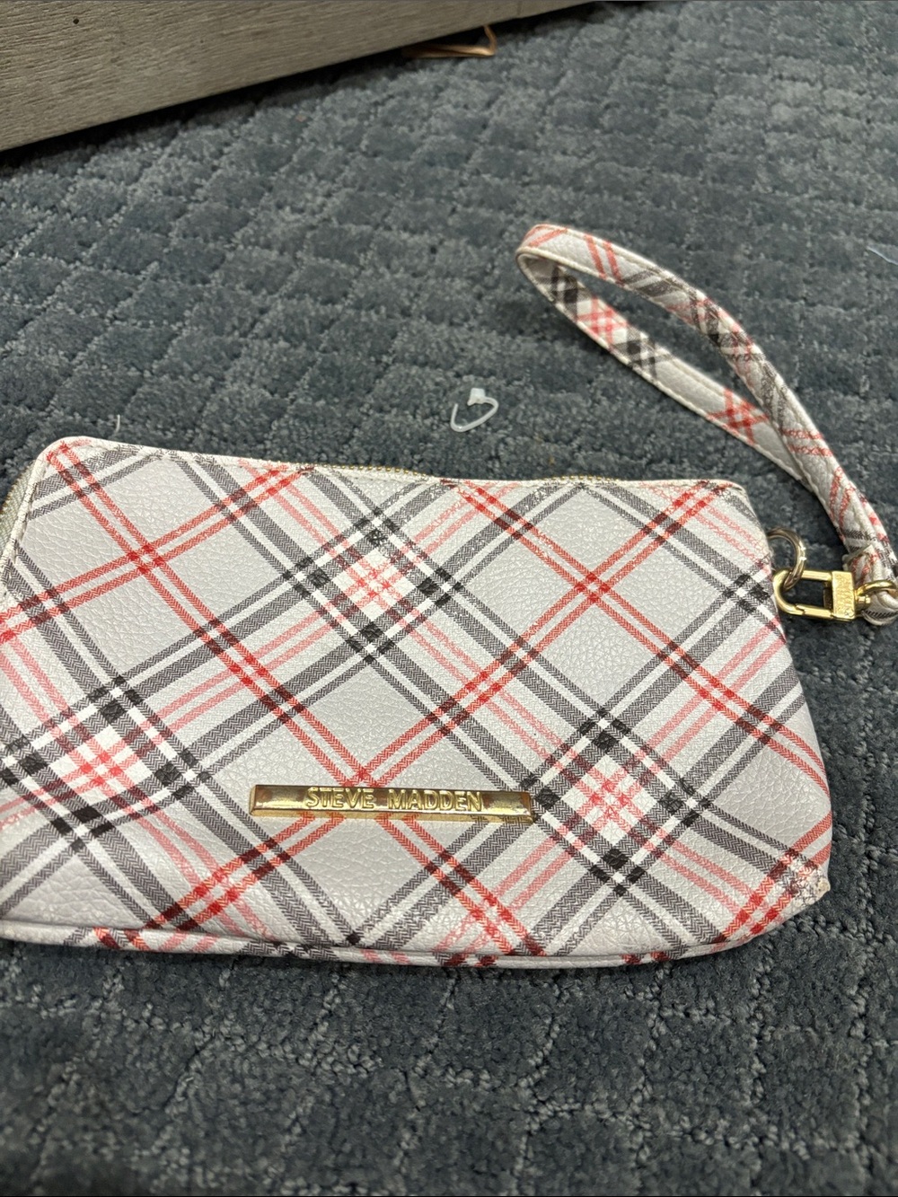 Steve Madden White Plaid Wristlet with Red & Black Stripes worn